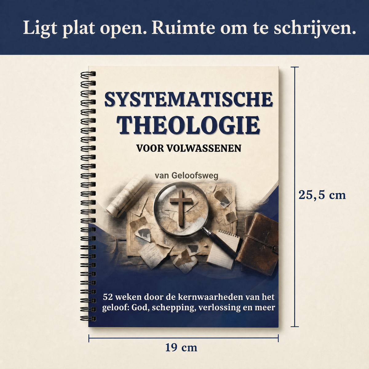Formaat 19 x 25,5 cm, ligt plat open, ruimte om te schrijven